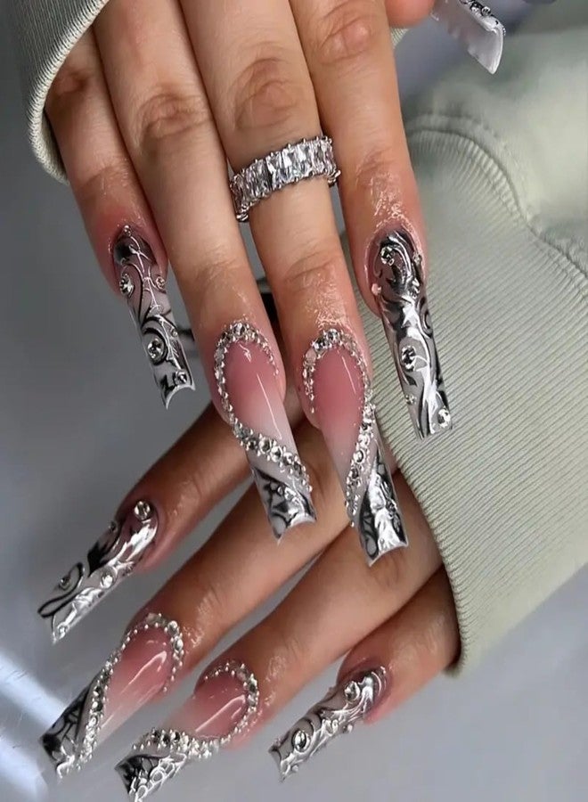 CTTHNBD Press on Nails Long Square Fake Nails Silver French False Tip with Rhinestones Charms Design Glue on Nails 3D Heart Stick on Nails Elegant Glitter Glossy Acrylic Nails for Women Manicure 24Pcs - Image 1
